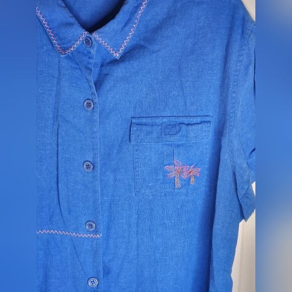 Erin London XL Blue Embroidered Shrtslvs LINEN Blend Buttons Up Women Top Shirt - Picture 2 of 9